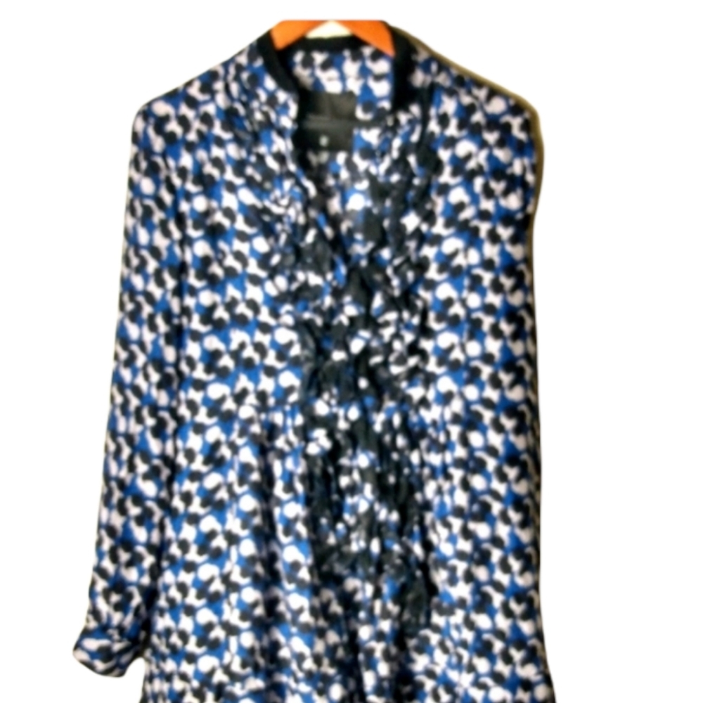 Tricot Chic M Black Blue Ruffle Blouse Top